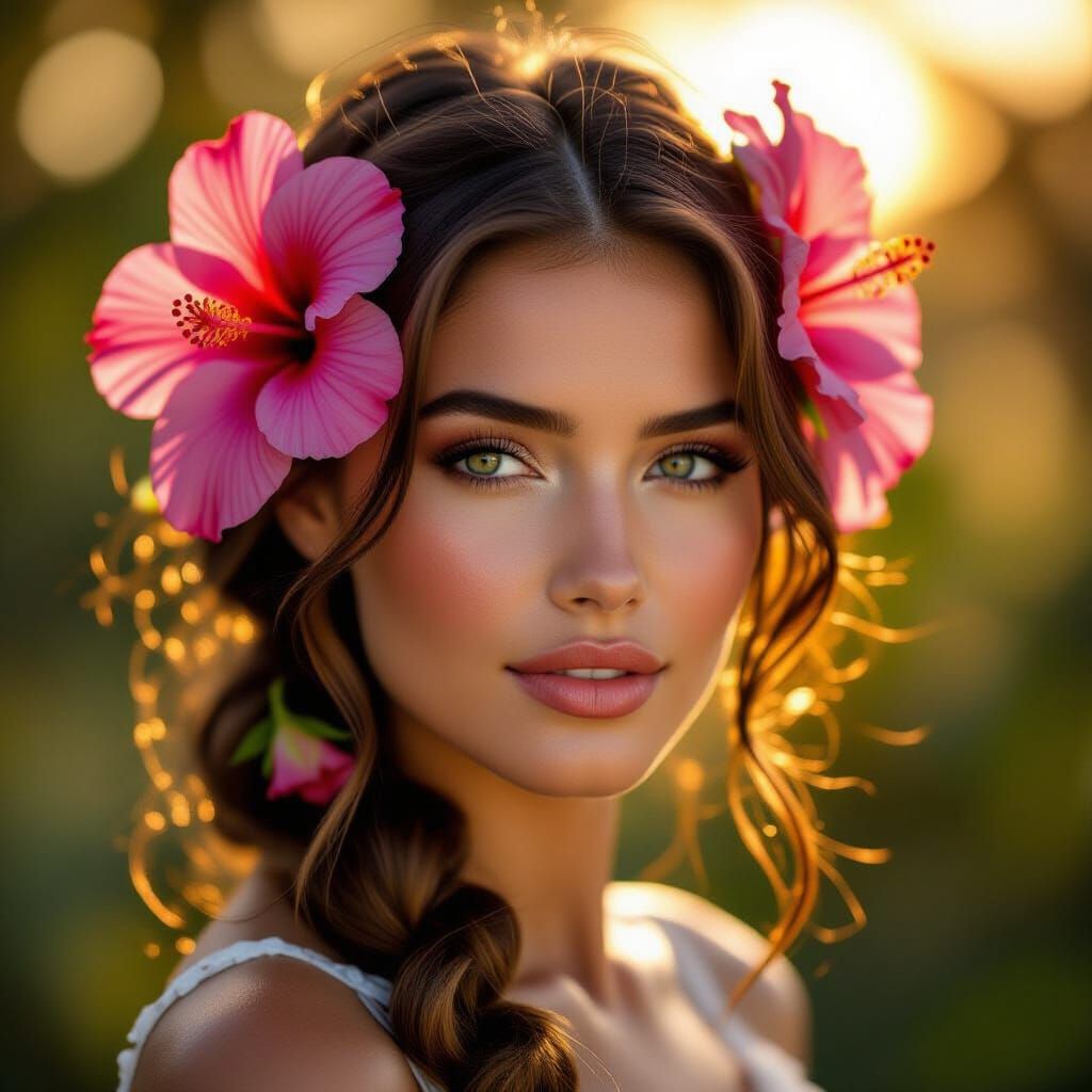 Woman with Hibiscus Hair in Golden Hour Light