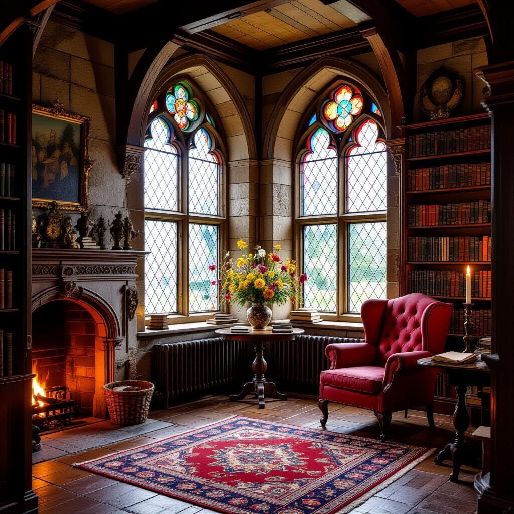 Cozy Medieval Library with Stained Glass Windows