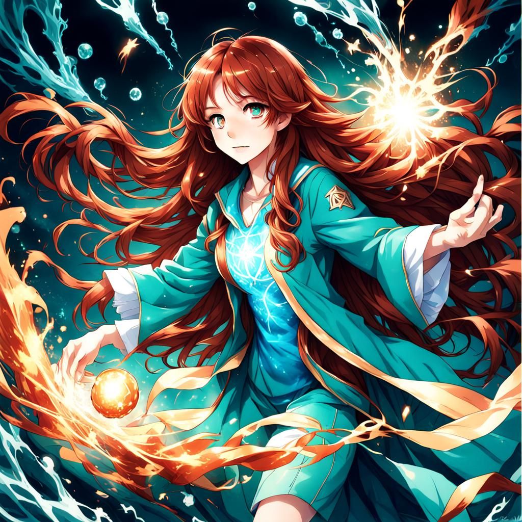 Auburn-Haired Anime Girl Wielding Aqua Magic