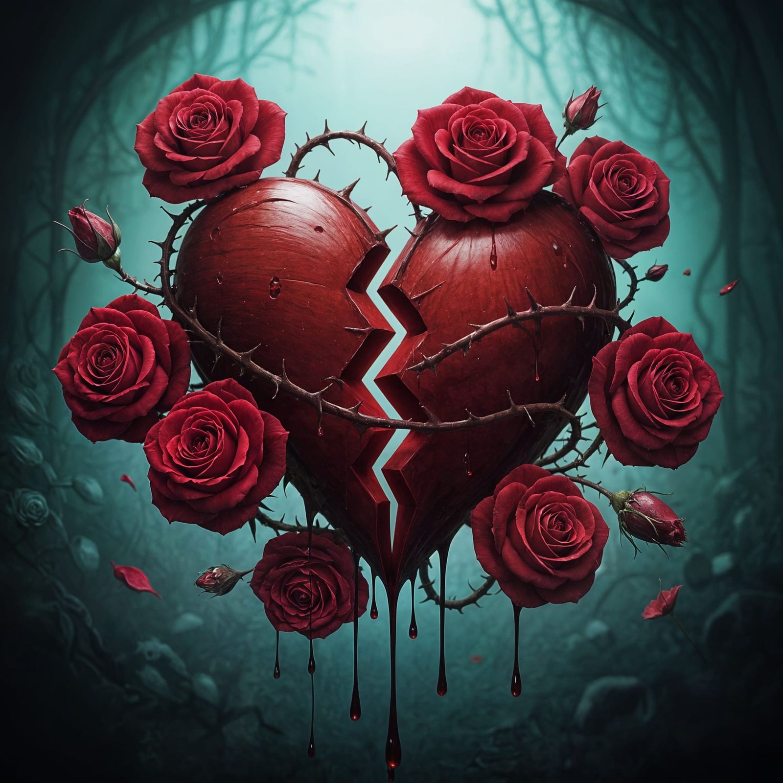 Broken Heart Dripping Blood Amidst Roses