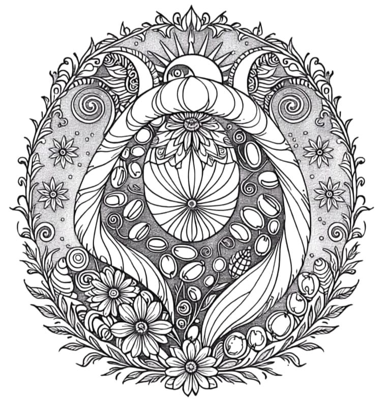 Cornucopia Zentangle Coloring Page: Abundant Food & Patterns
