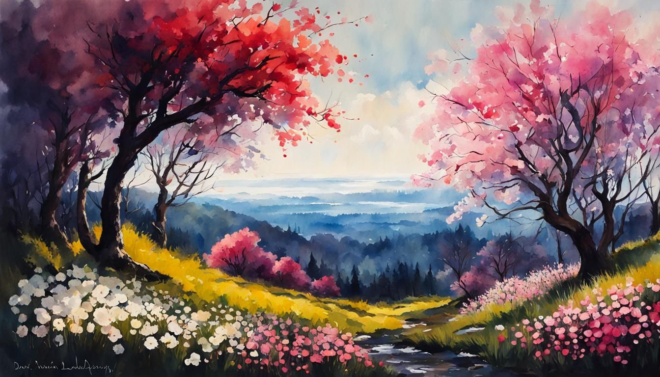 Vibrant Spring Landscape as Watercolor Painting