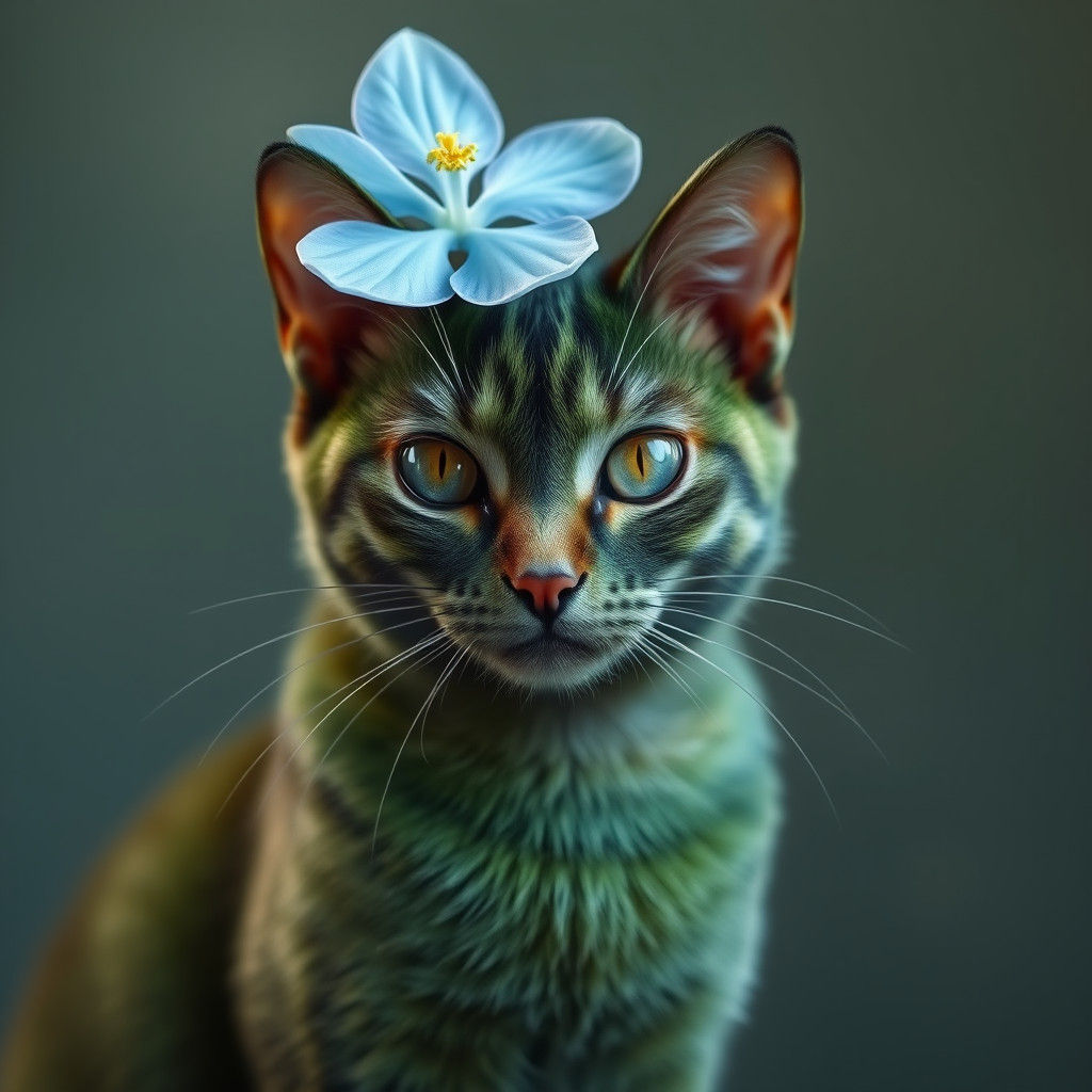 Green Cat with Blue Flower: Photorealistic Dutch Master Styl...