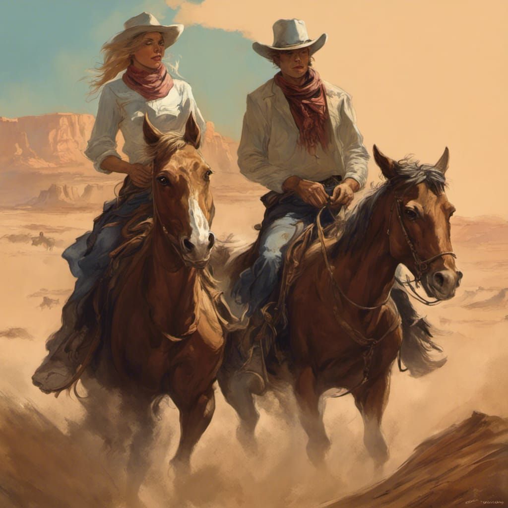 Cowboy and Cowgirl Ride in Desert, Horror Style