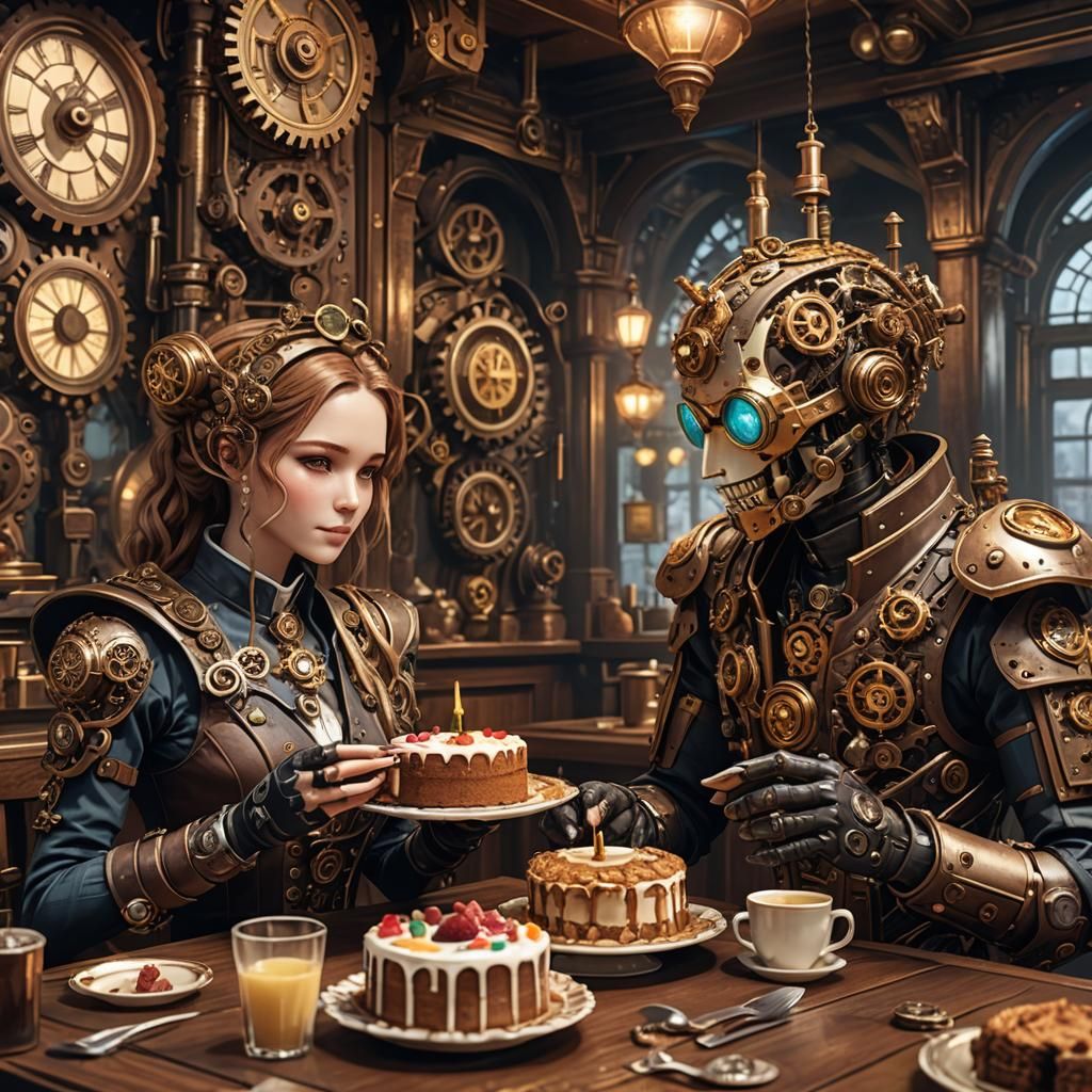 Steampunk Androids Enjoying Cog and Gear Cake