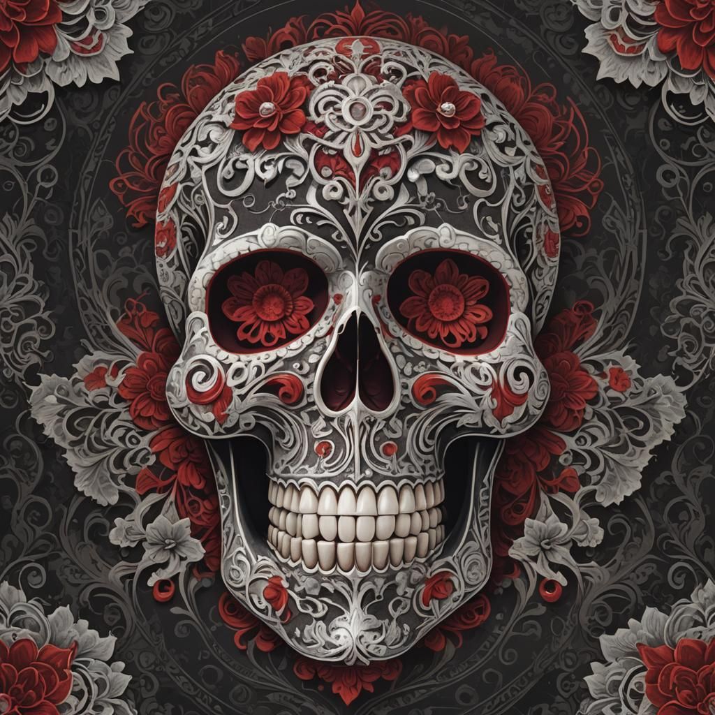 Ornate Sugar Skull Graffiti Art in Dark Red and Silver