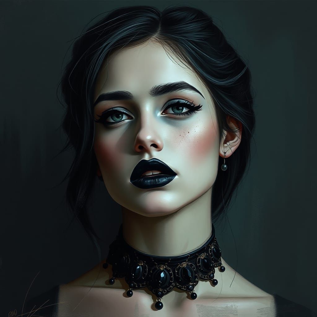 Gothic Woman with Black Lipstick and Gemstone Choker