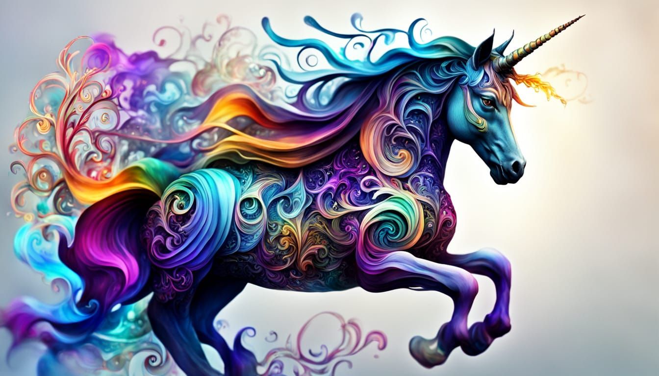 Enchanted Fractal Unicorn in Vibrant Deep Watercolors