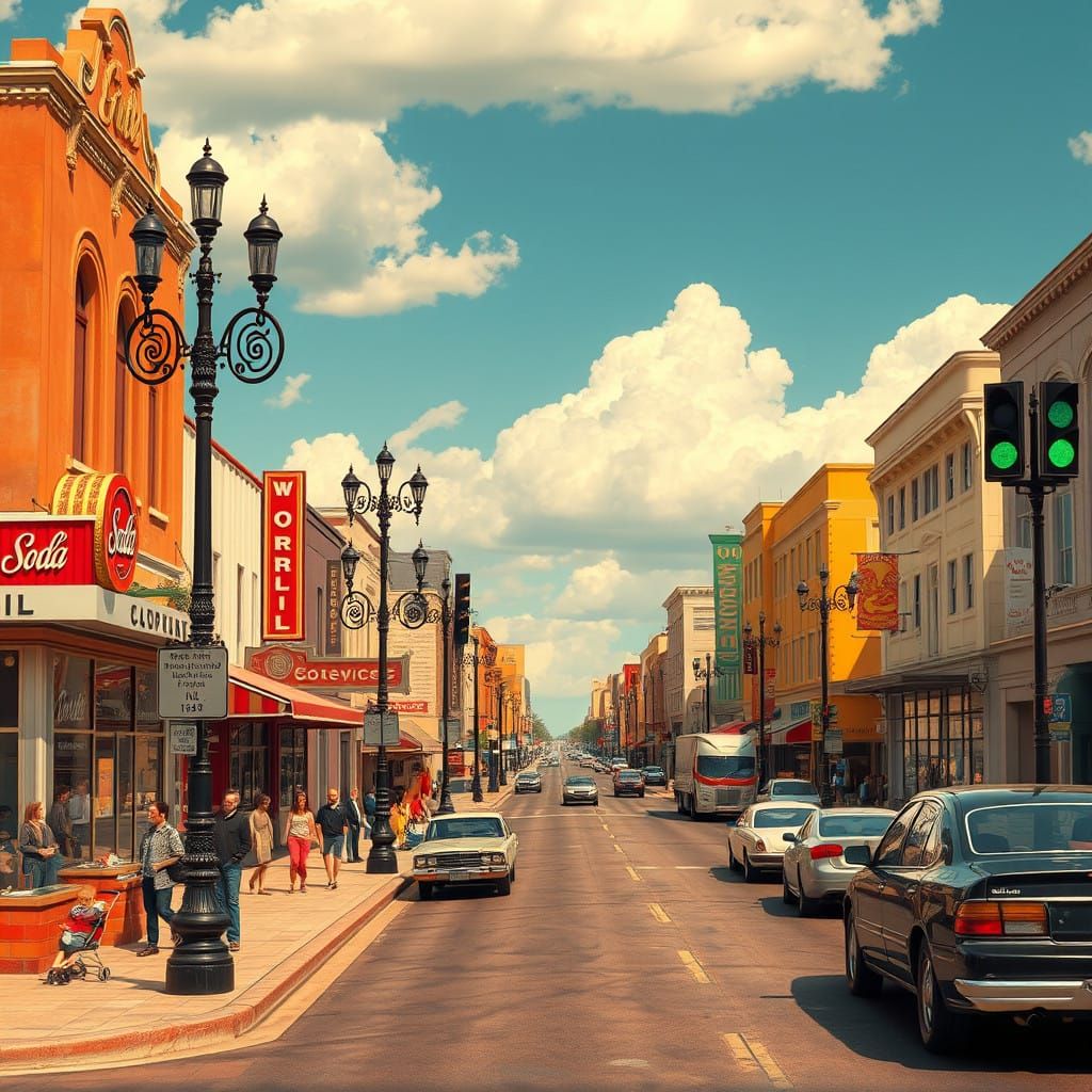 Mid-Century Retail Street in Warm Sunny Light