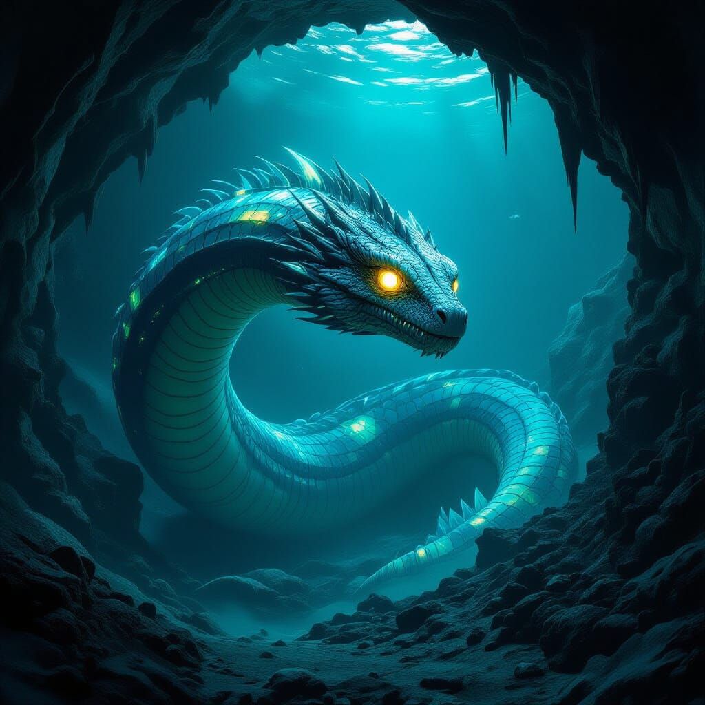 Bioluminescent Serpent Glides Through Subterranean Cave