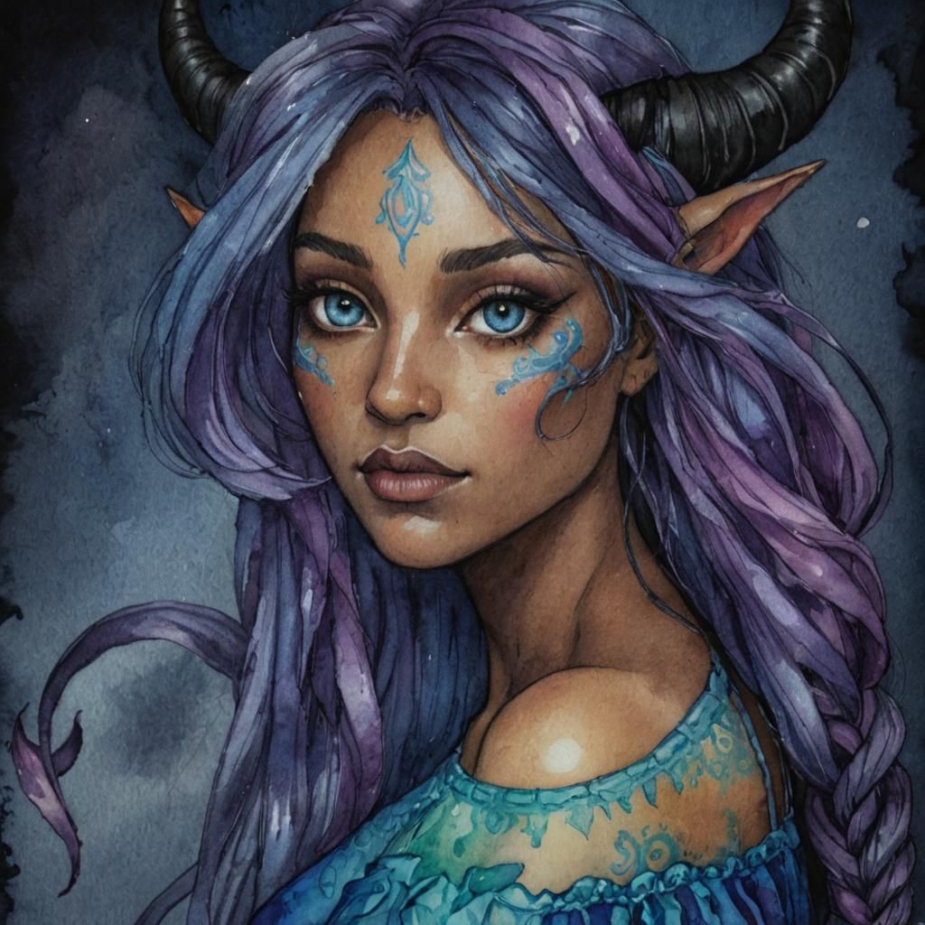 Tiefling Portrait in Alcohol Ink Watercolor