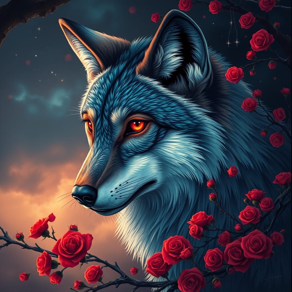 Wolf with Mystical Rose in Dreamy Winter Landscape