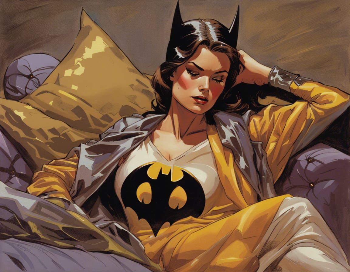 Batgirl Dreams: Acrylic Portrait on Brown Sofa