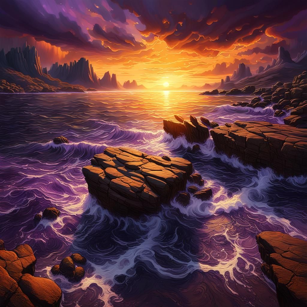 Majestic Sunset Over Water in Dark Fantasy Style