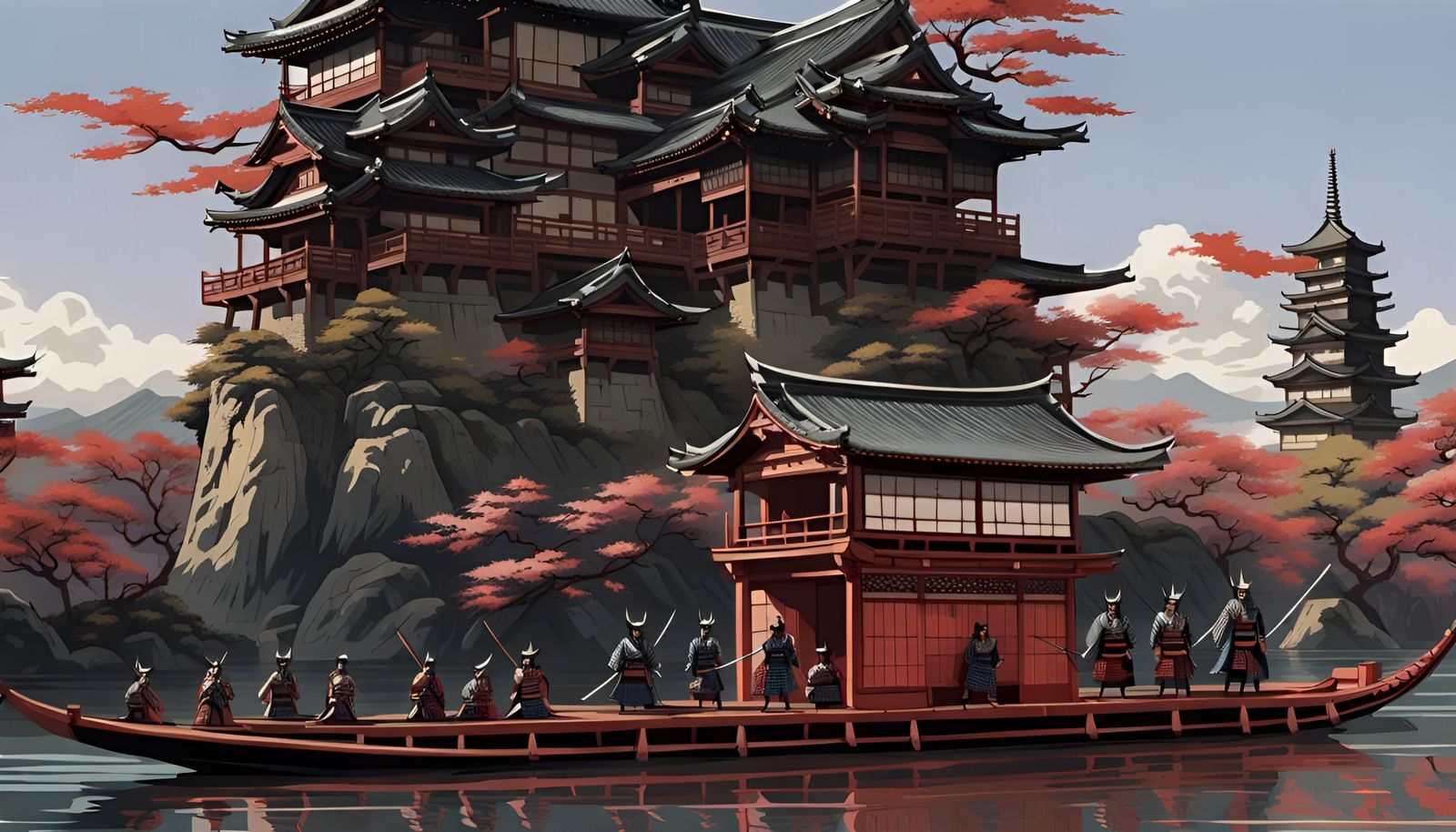 Samurai Barge at Castle: Japanese Silkscreen Style