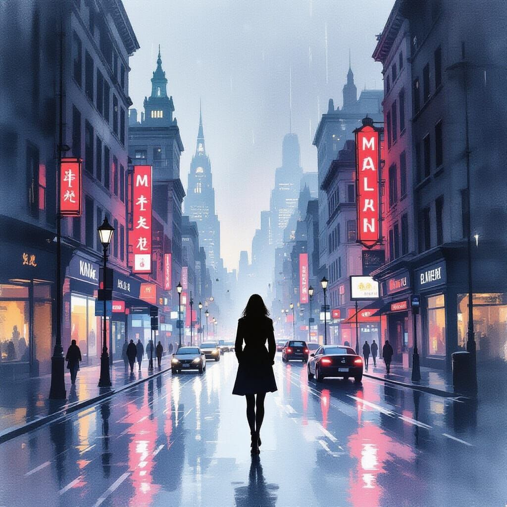 Woman on Rainy City Street at Dusk in Watercolor Style
