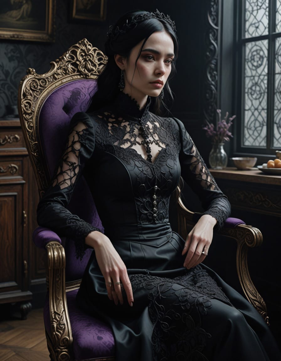 Elegant Gothic Woman in Modern Chair