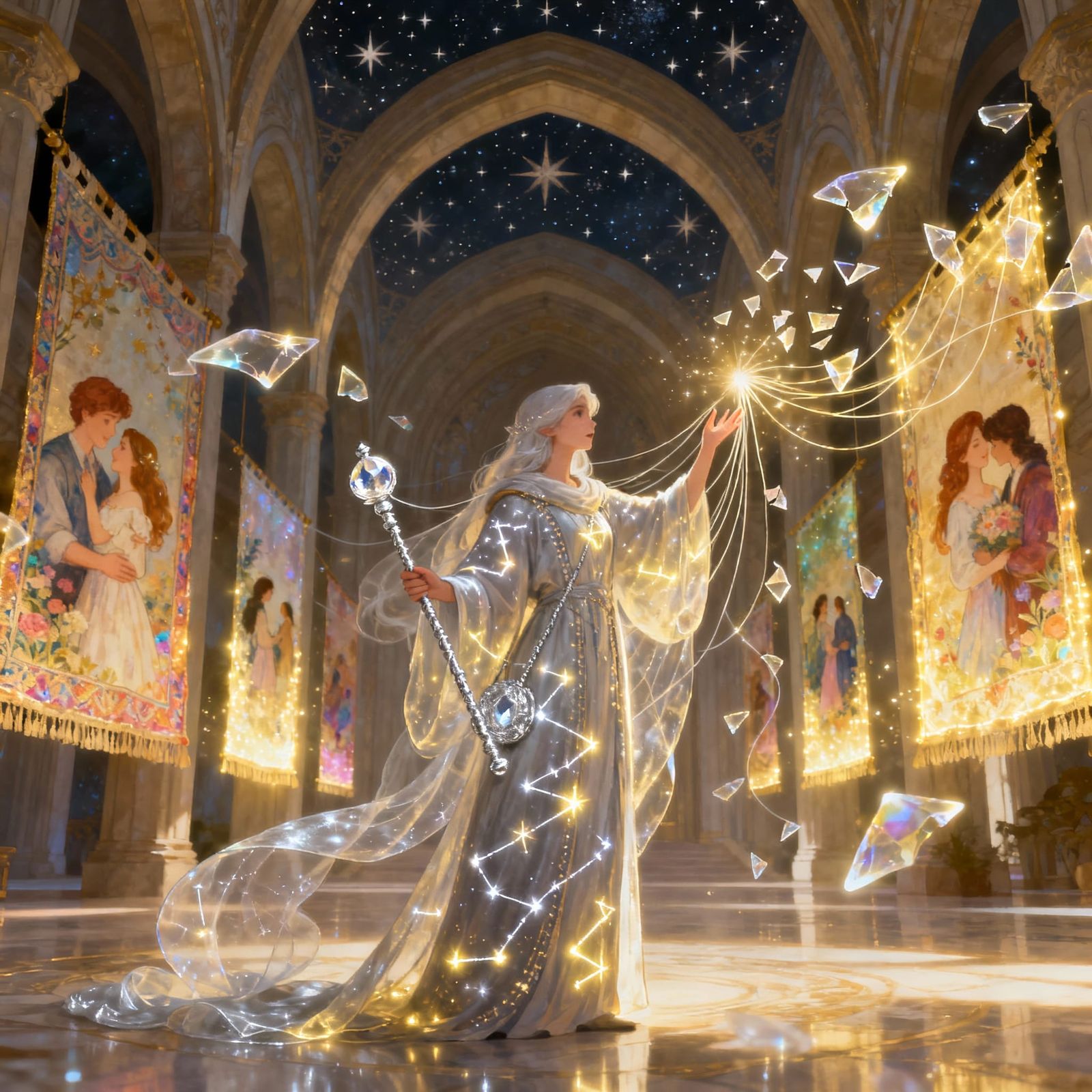 Memory Weaver Mending Fragments in a Magical Hall