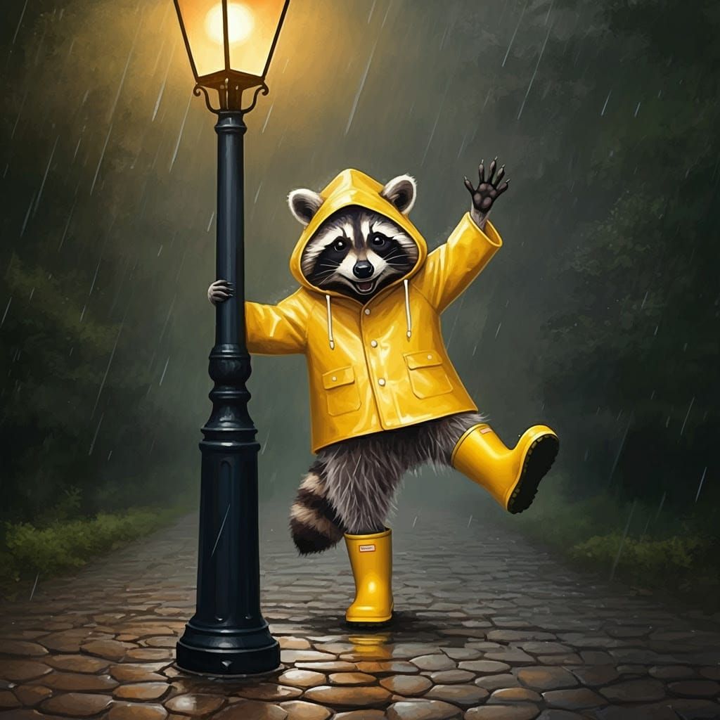 Anthropomorphic Raccoon Dances in the Rain