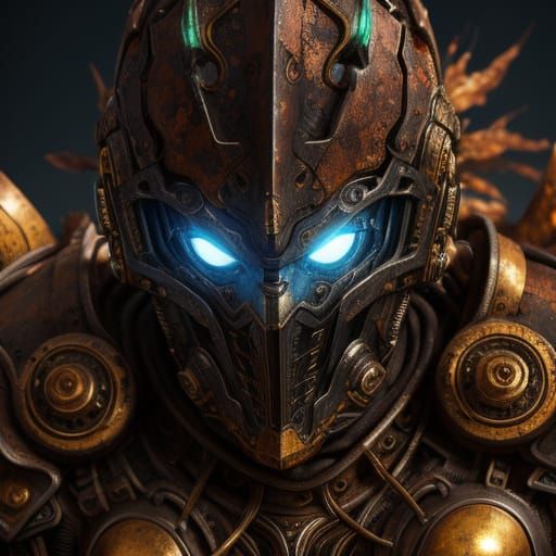 Surreal Person in Rusty Armor with Neon Accents