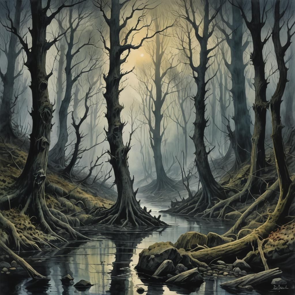 Dark Forest River in Horror Watercolor Style
