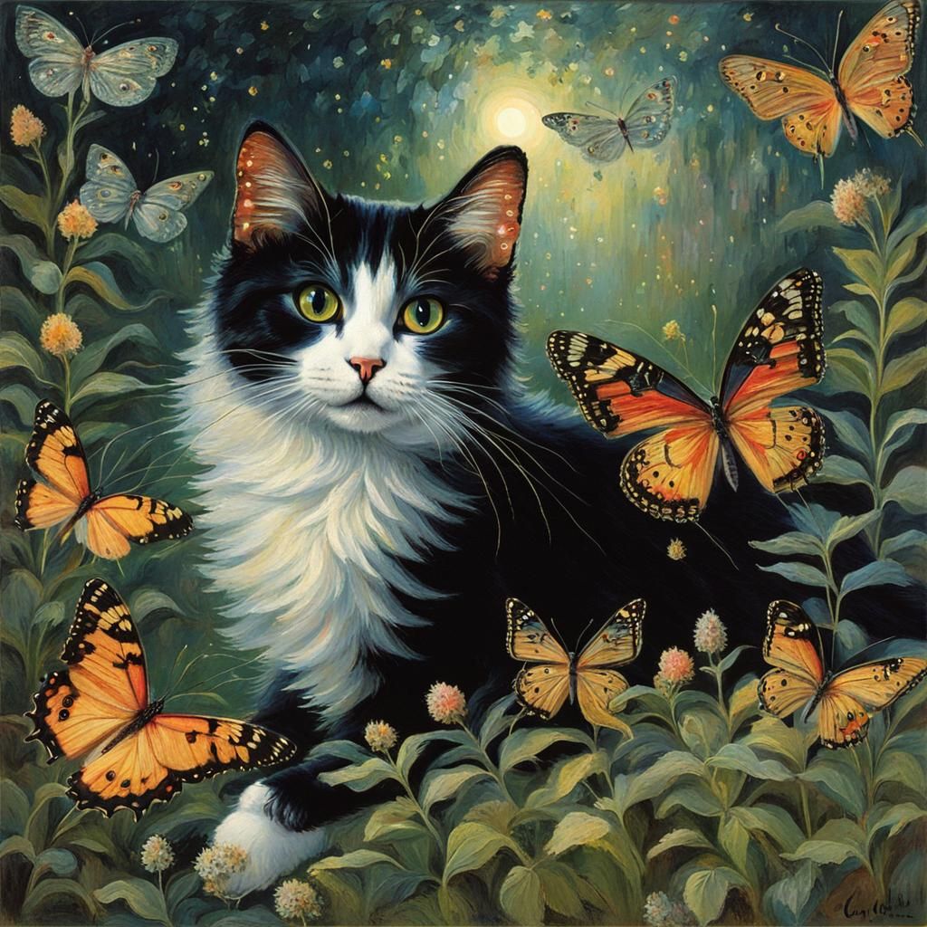 Fairy Tuxedo Cat in Monet-Inspired Forest