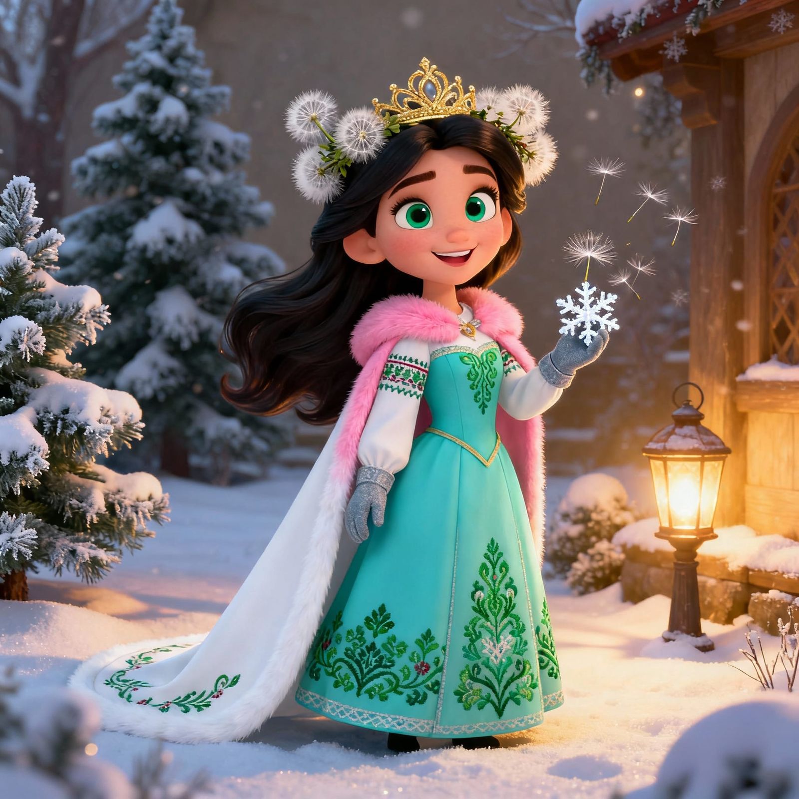Disney Princess in Snowy Yard with Dandelion Wreath