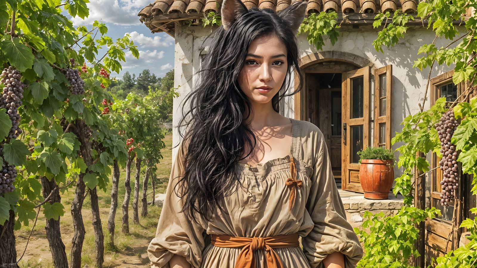 Kitsune Vineyard Owner in Whimsical Oil Painting Style
