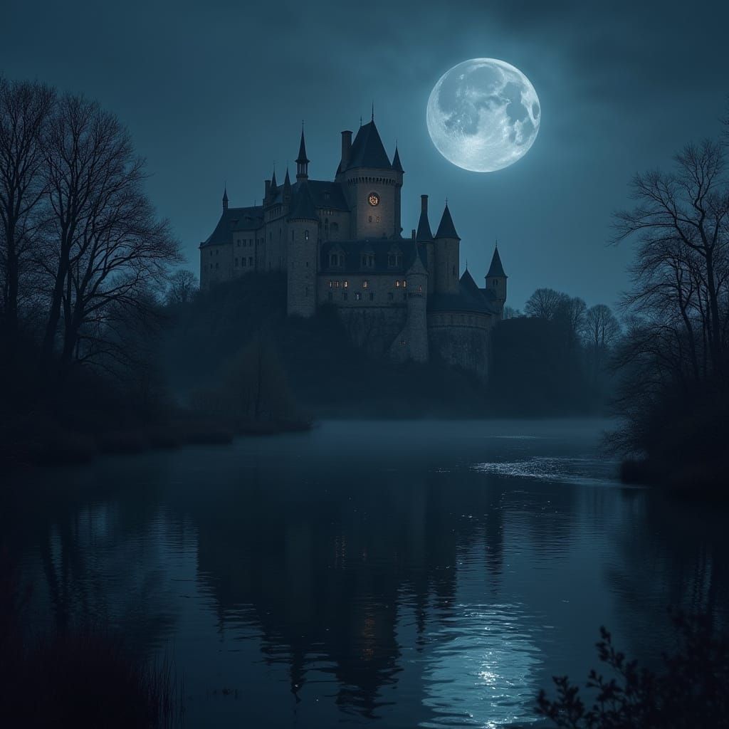 Gothic Castle at Night with a Moat