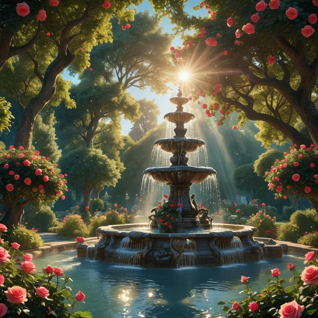 Lush Garden Fountain in Dreamy Digital Painting