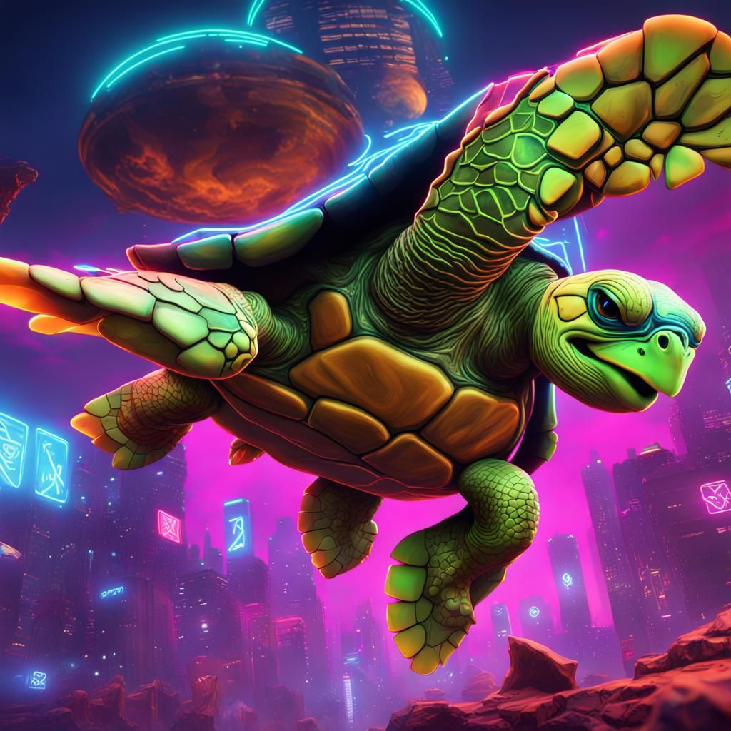Neon Hip Hop Turtles in Flight: Detailed Matte Painting
