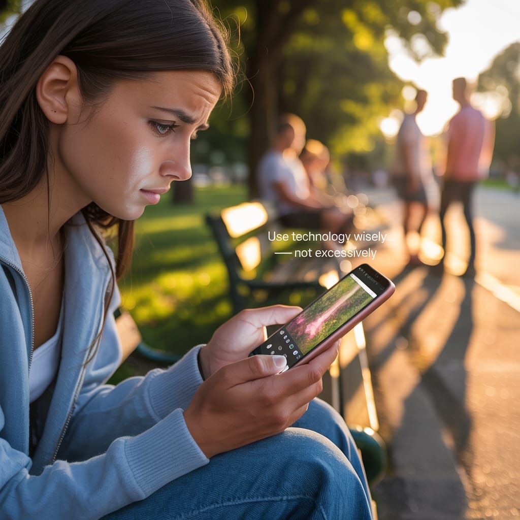 Woman Lost in Phone Screen Amidst Sunset Park