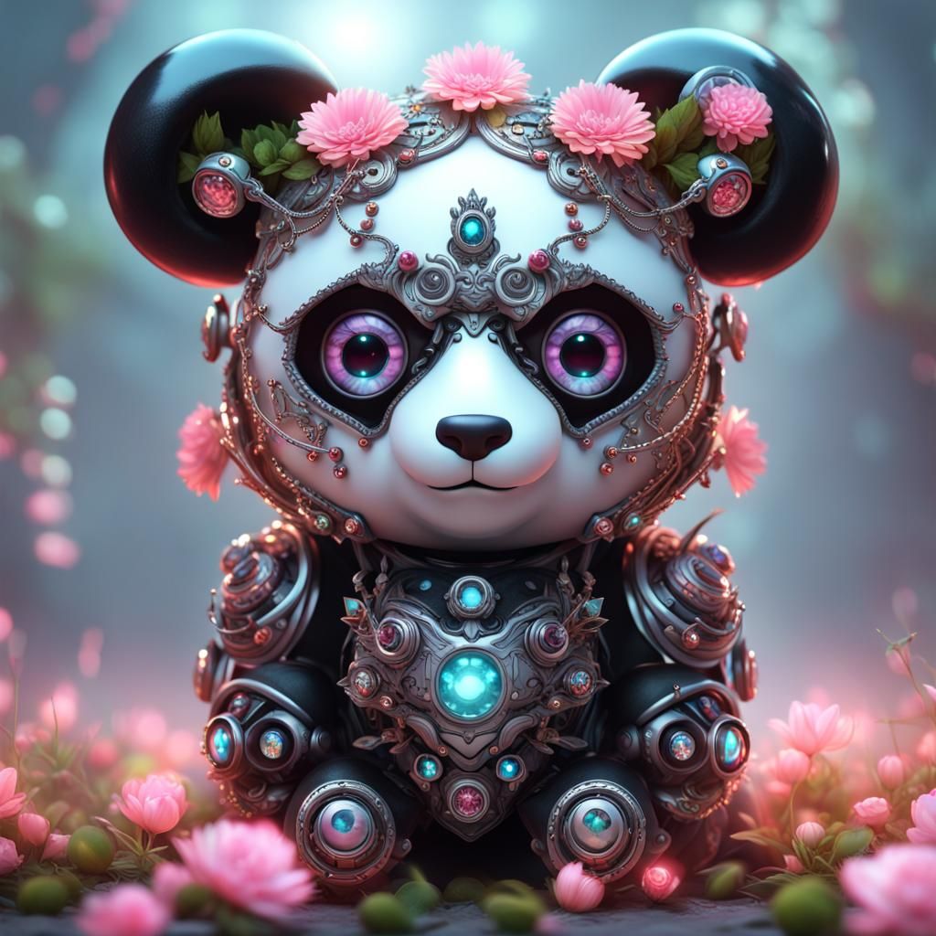 Cute Horror Cyborg Panda with Luminous Eyes