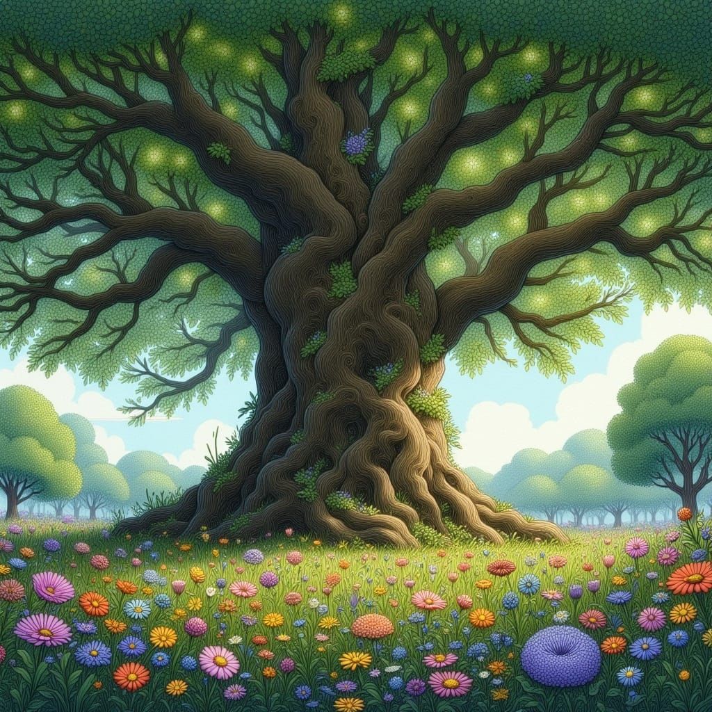 Majestic Ancient Oak Tree in a Vibrant Forest Landscape