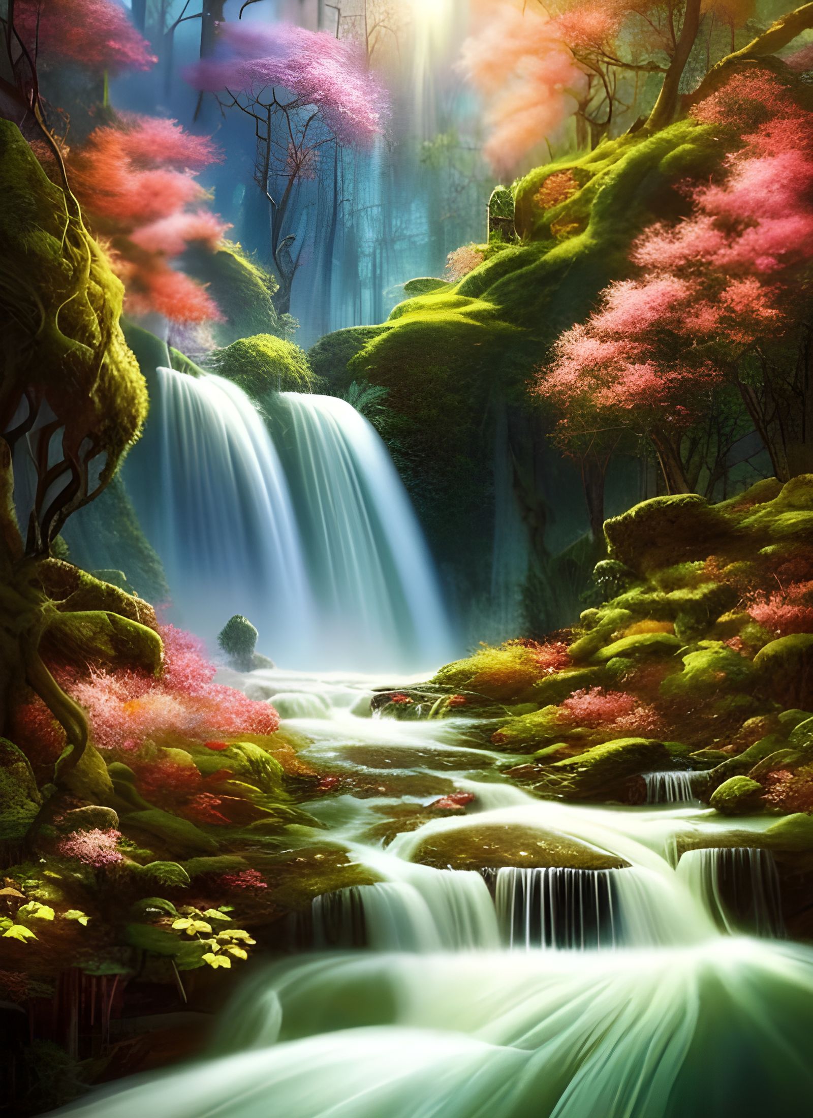 Backlit Waterfall Tree in Candy Art Style