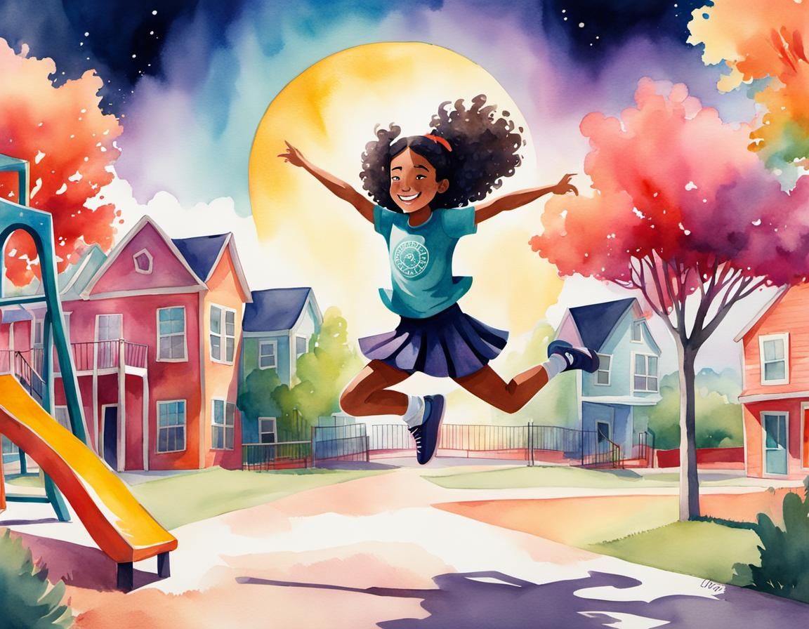 Schoolgirl Cartwheel: Watercolor Storybook Illustration