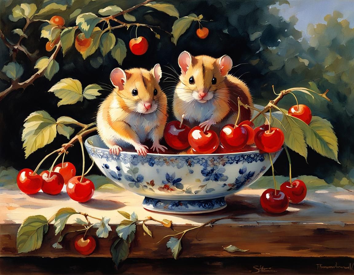 Dormice Feast on Cherries in Gentle Light