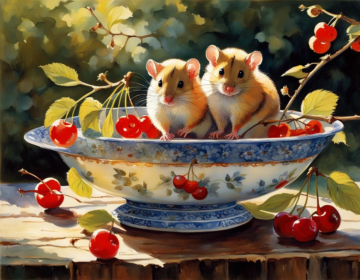 Dormice Delight: Cherries in a Porcelain Bowl