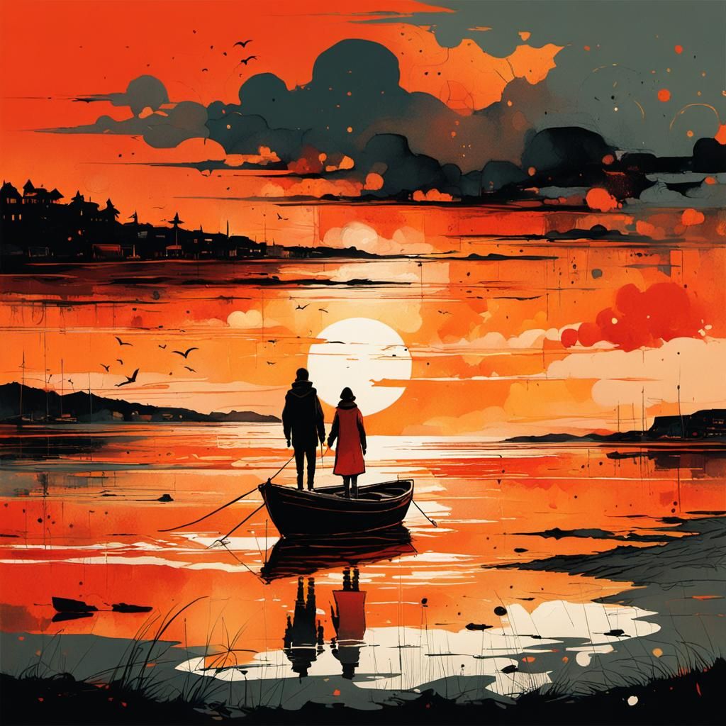 Vibrant Sunset on Traon Erch Beach, Sumi-e Style