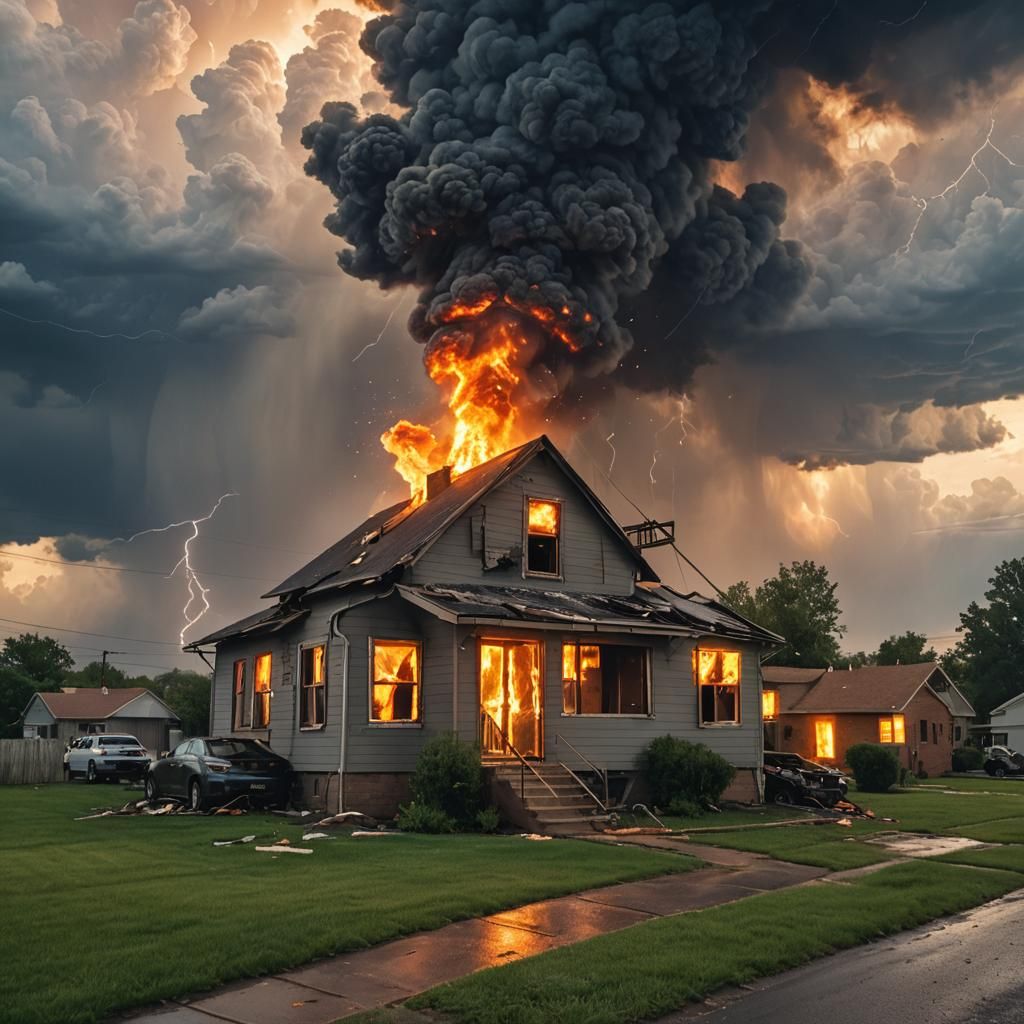 Burning House in Thunderstorm at Sunset
