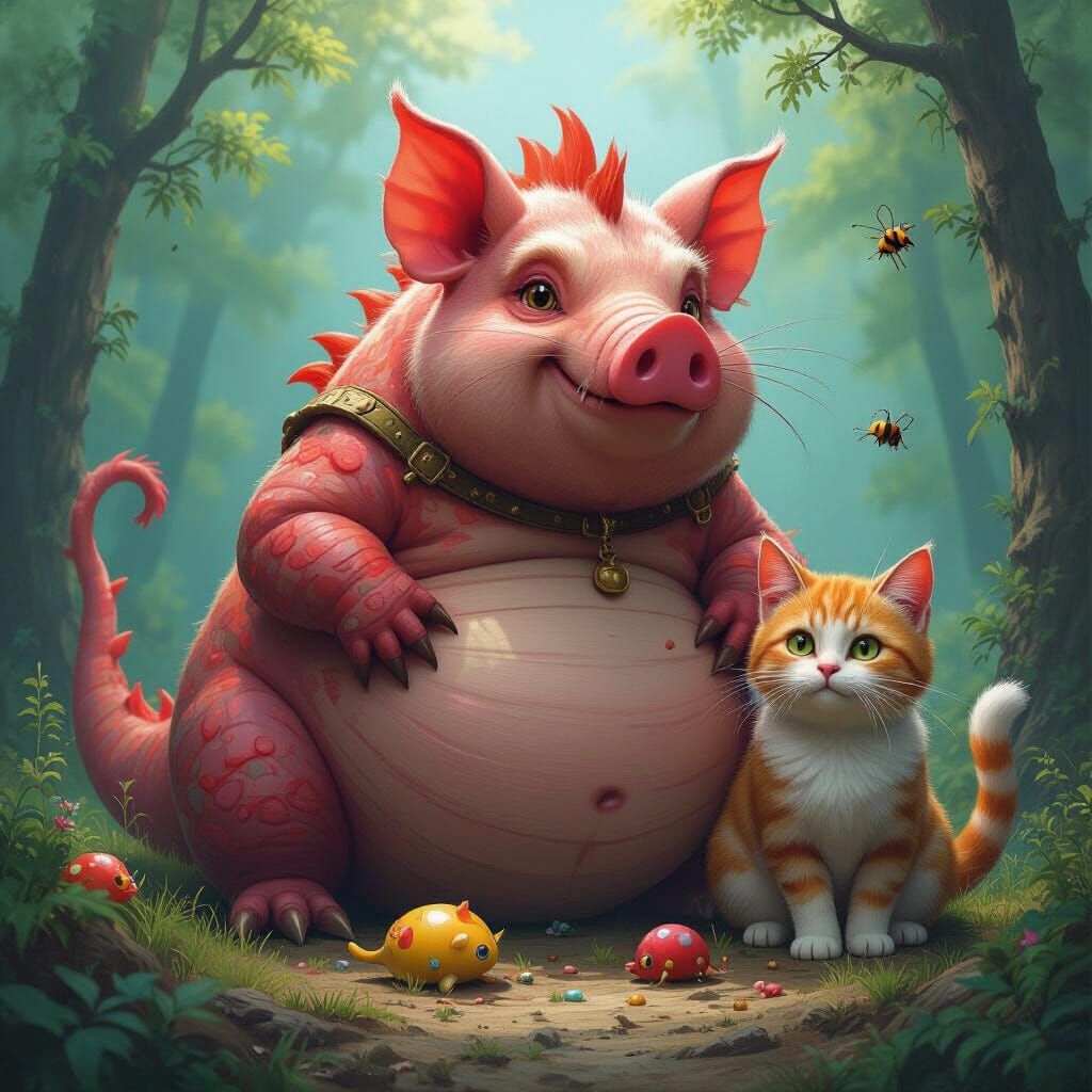 Dragon, Pig, and Cat Creature in a Whimsical Style