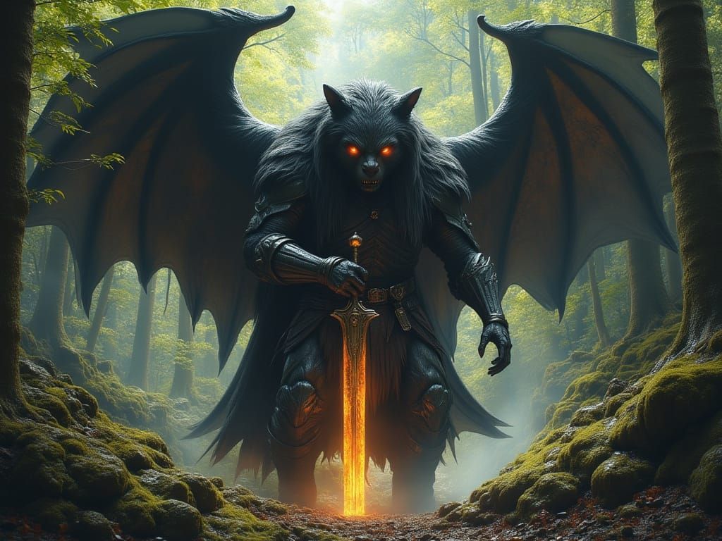 Warrior Battles Bear-Bat Hybrid in Dark Fantasy Forest