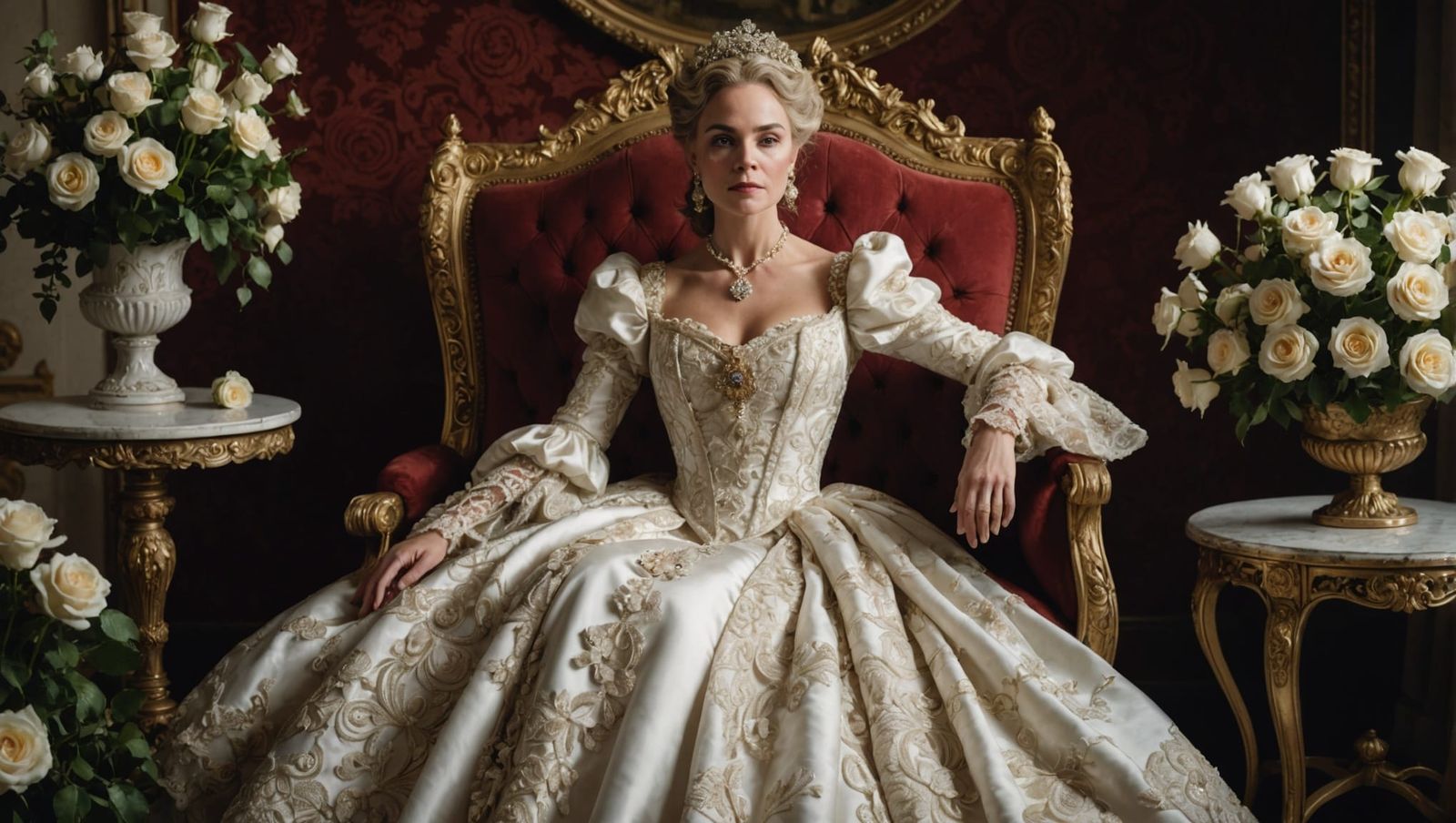 Regal Woman in Rococo Gown on Gilded Throne
