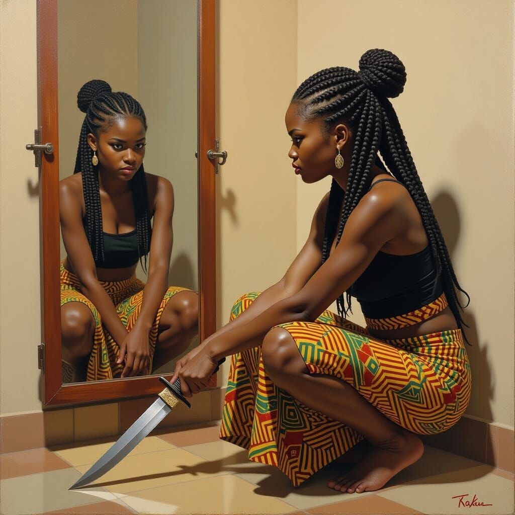 African Girl with Dagger, Earthy Tones and Vibrant Patterns