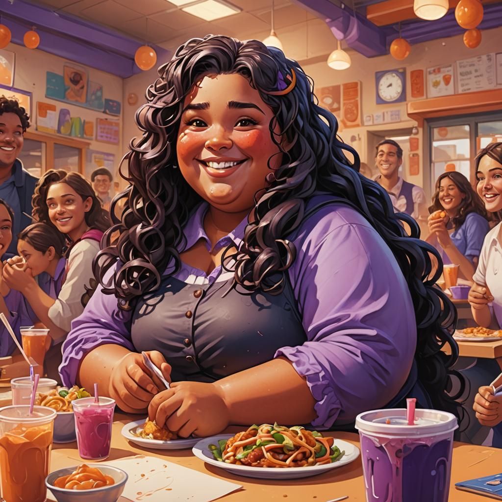 Vibrant Fantasy Art of Girl Eating in Canteen