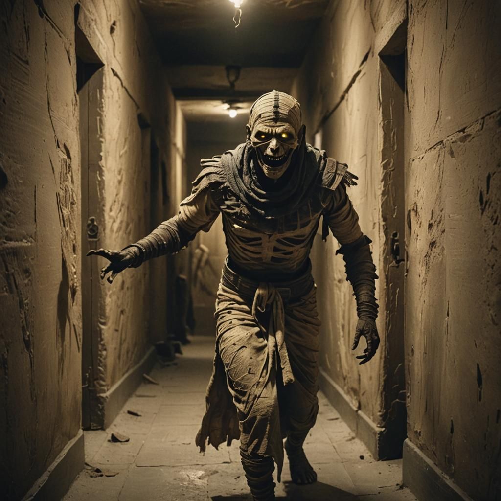 Hyper-Realistic 3D Mummy in Dark Corridor