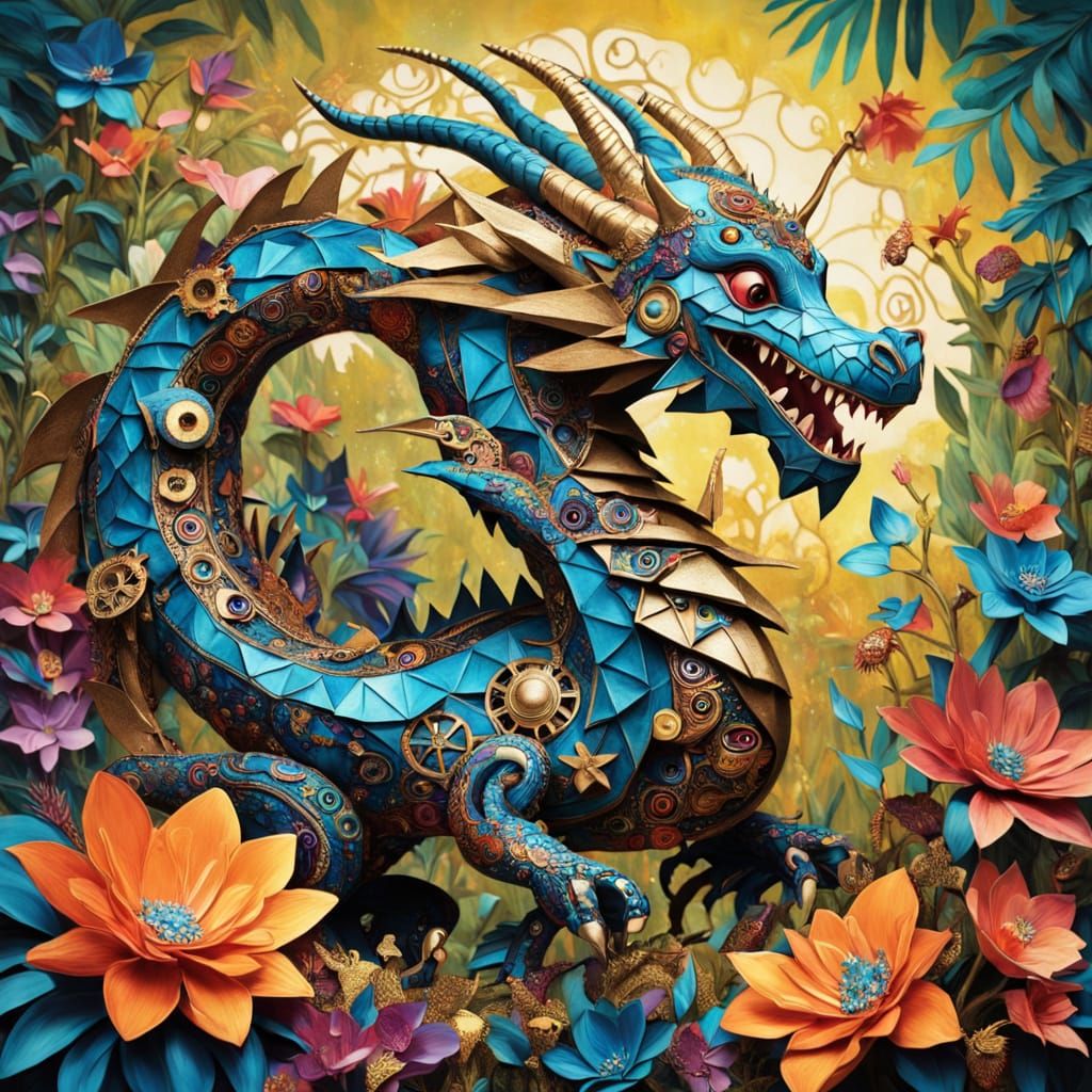 Steampunk Clockwork Dragon in Bioluminescent Jungle