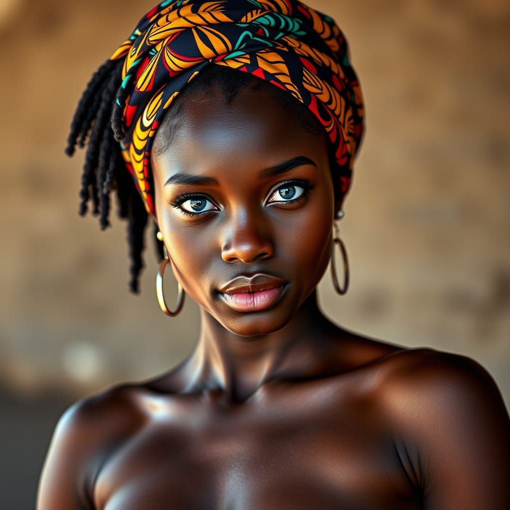 Confident African Woman Adorned with Vibrant Headwrap