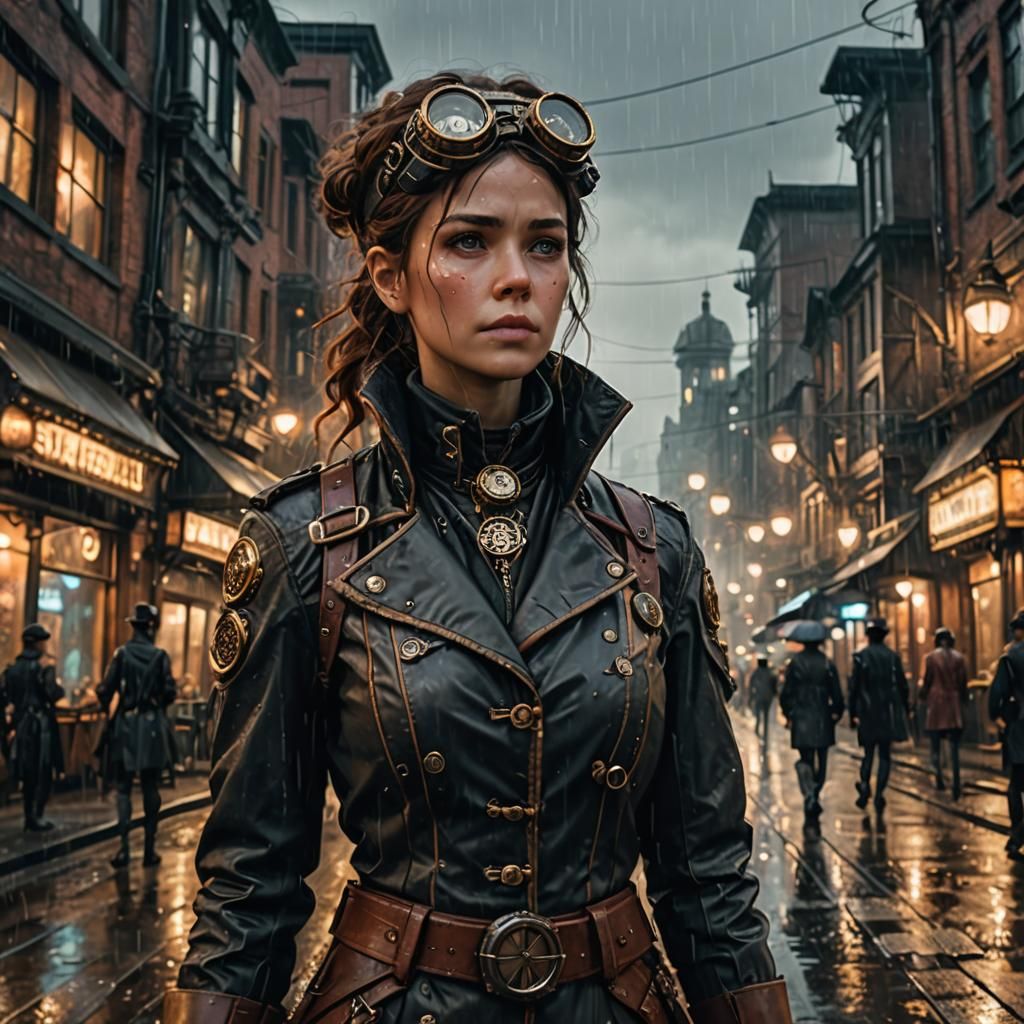 Steampunk Sci-Fi Protagonist in Rainy Cityscape