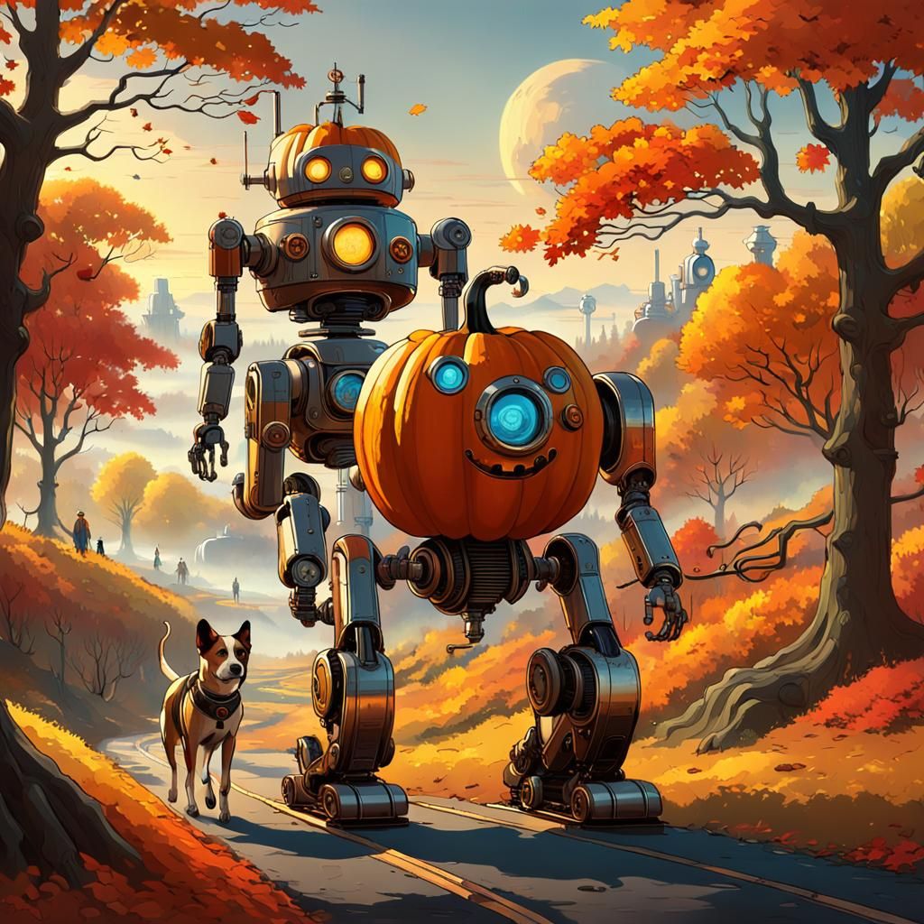 Steampunk Sci-Fi Illustration with Autumn Landscape and Robo...